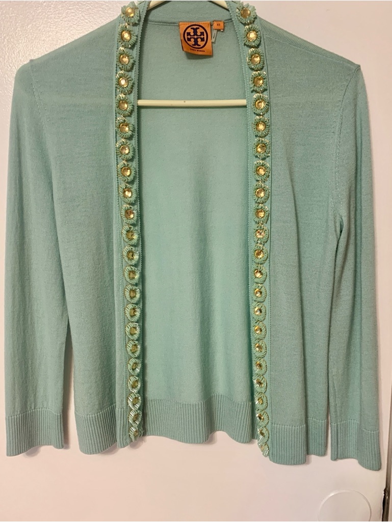 Tory Burch Mint Green Open-Front Embellished Cardigan